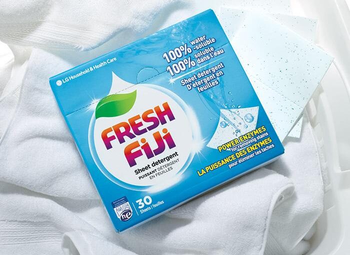 Box of Fresh Fiji Detergent Sheets on a pile of white towels