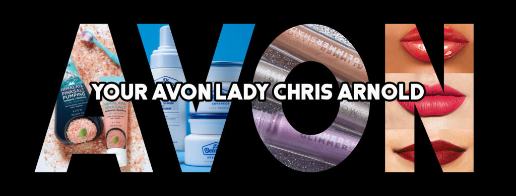 The word Avon with product pictures inside the letters and the words Your Avon Lady Chris Arnold 