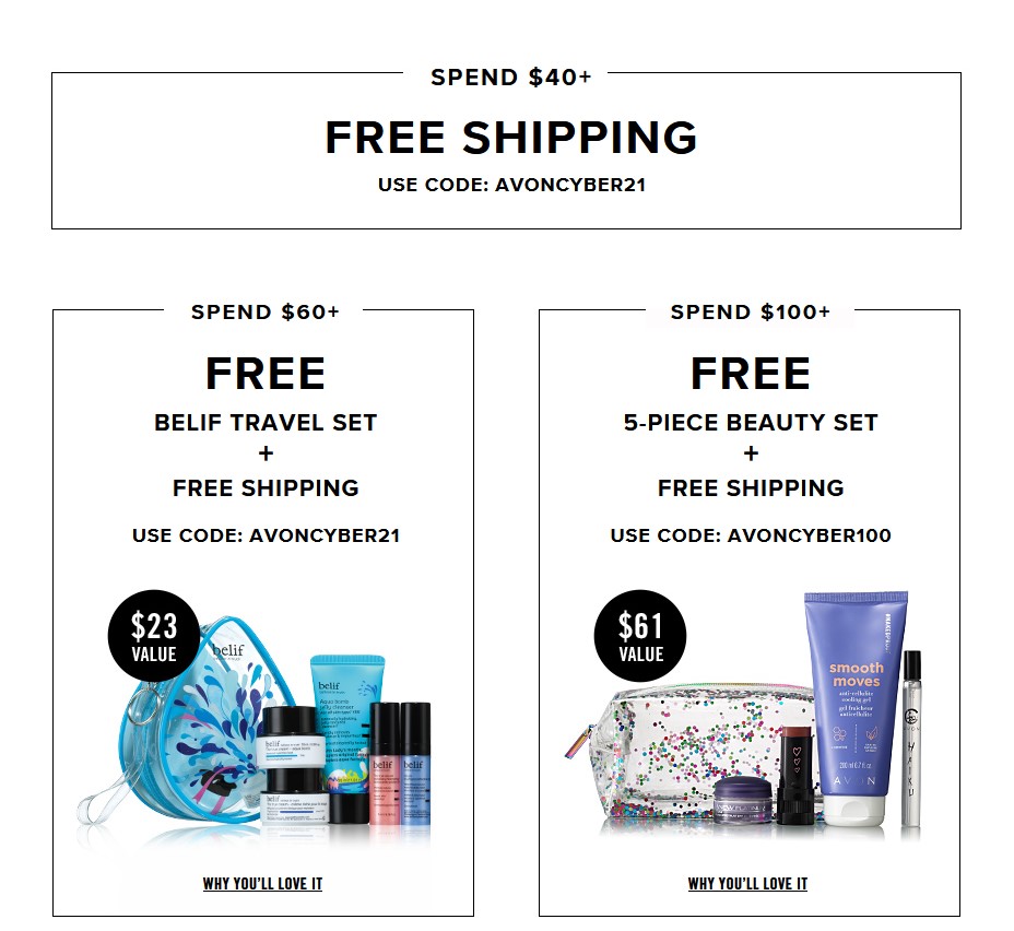Avon Cyber Monday Deals
Free Shipping and Free Gifts with qualifying purchase