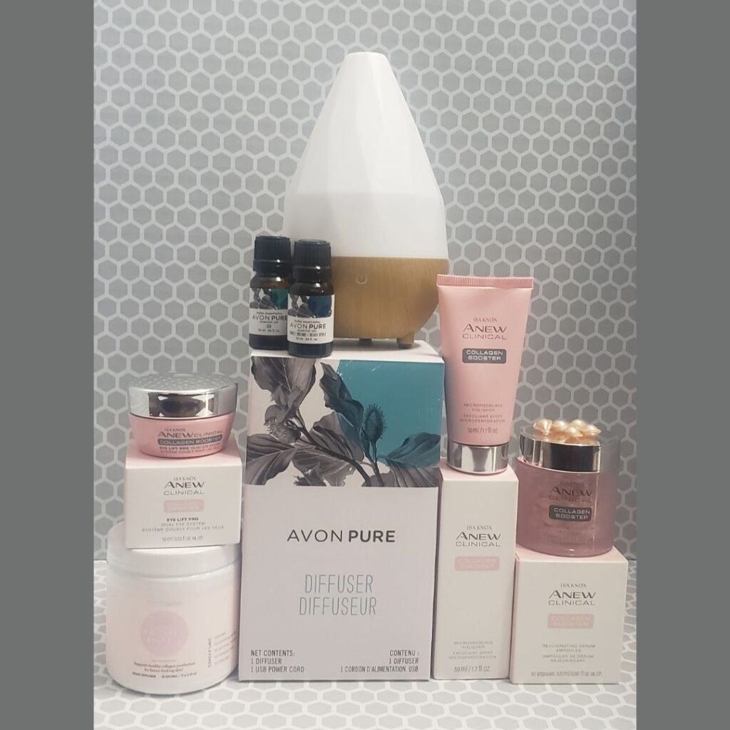Stack of products including Anew Clinical Eye Lift, Re:Tune Inner Beauty Collagen Booster, Avon Pure Sweet Dreams oil blend, Avon Pure Zen oil blend, Avon Pure Diffuser, Anew Clinical Microneedling Polisher and Rejuvenating Serum Ampoules 