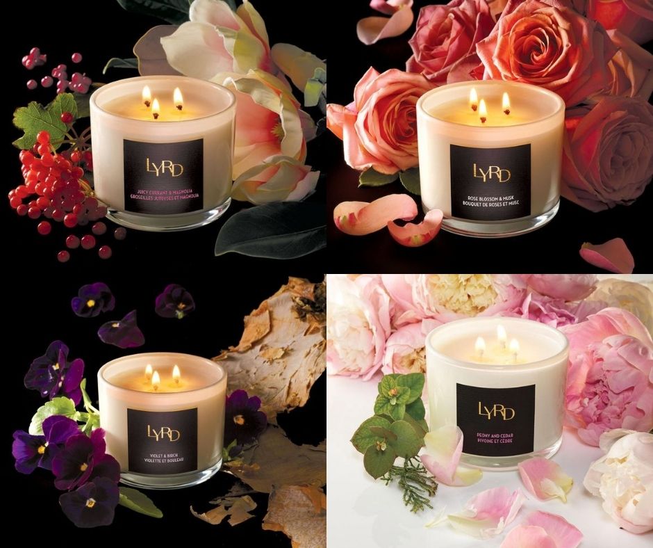 LYRD Candles picture with the flowers and fruits and woods that are part of their scent