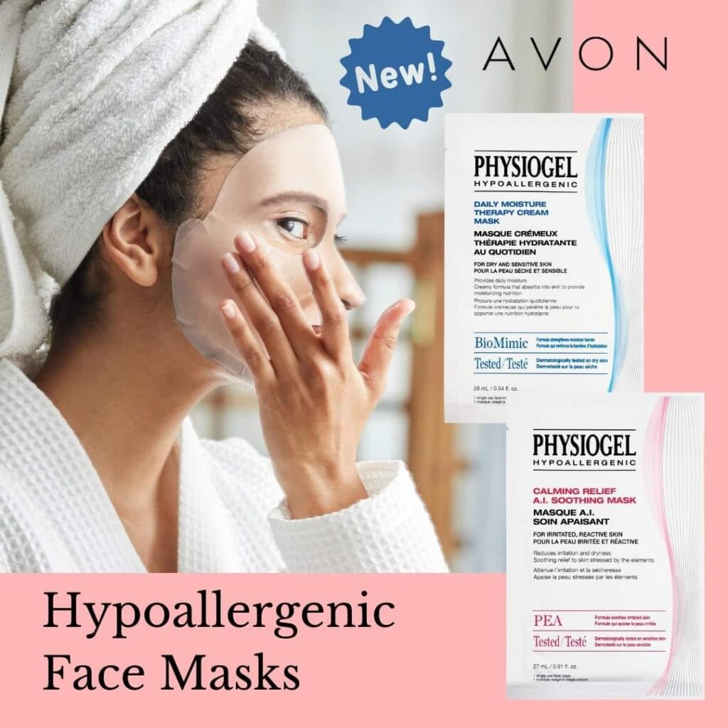 woman applying a sheet mask, images of Physiogel face masks and the text Hypoallergenica Face Masks