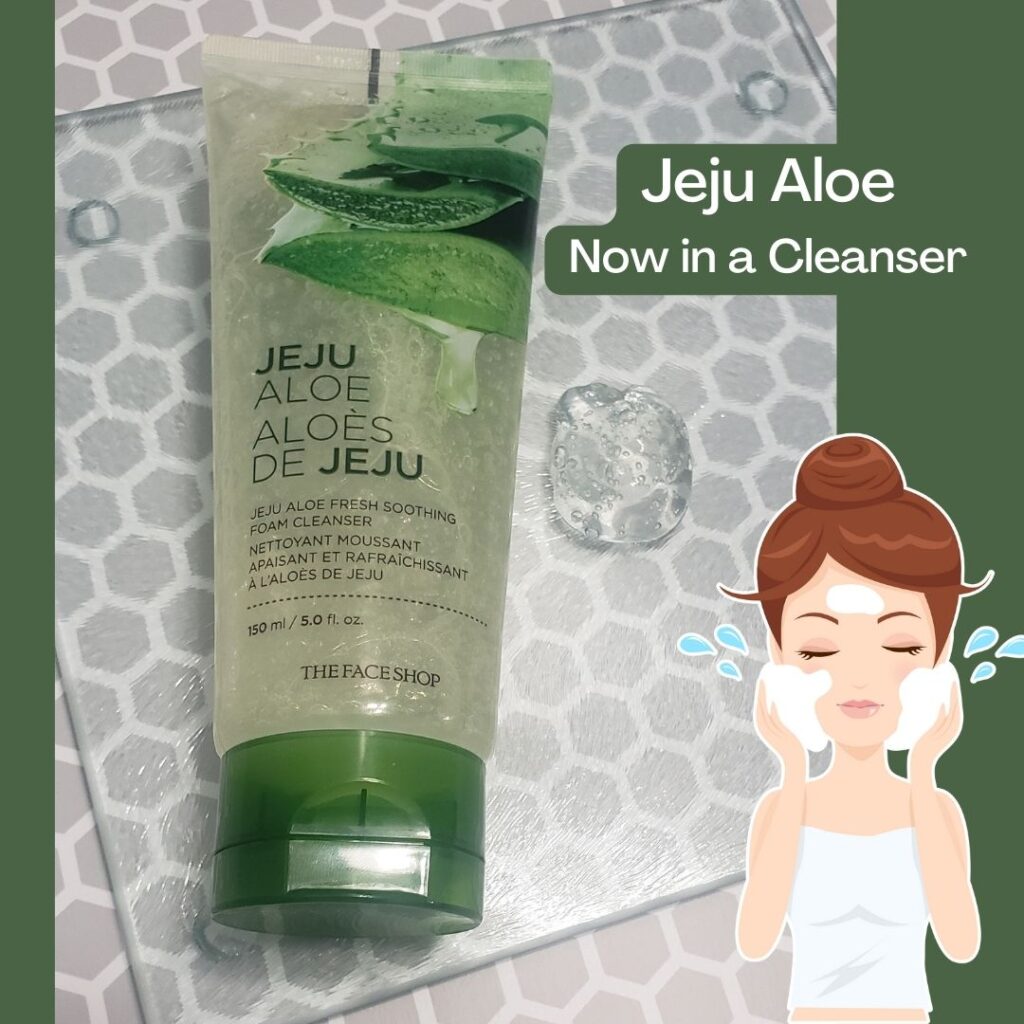 Tube of Jeju Aloe Foam Cleanser with a dollop of the gel cleanser and a drawing of a woman cleansing her face