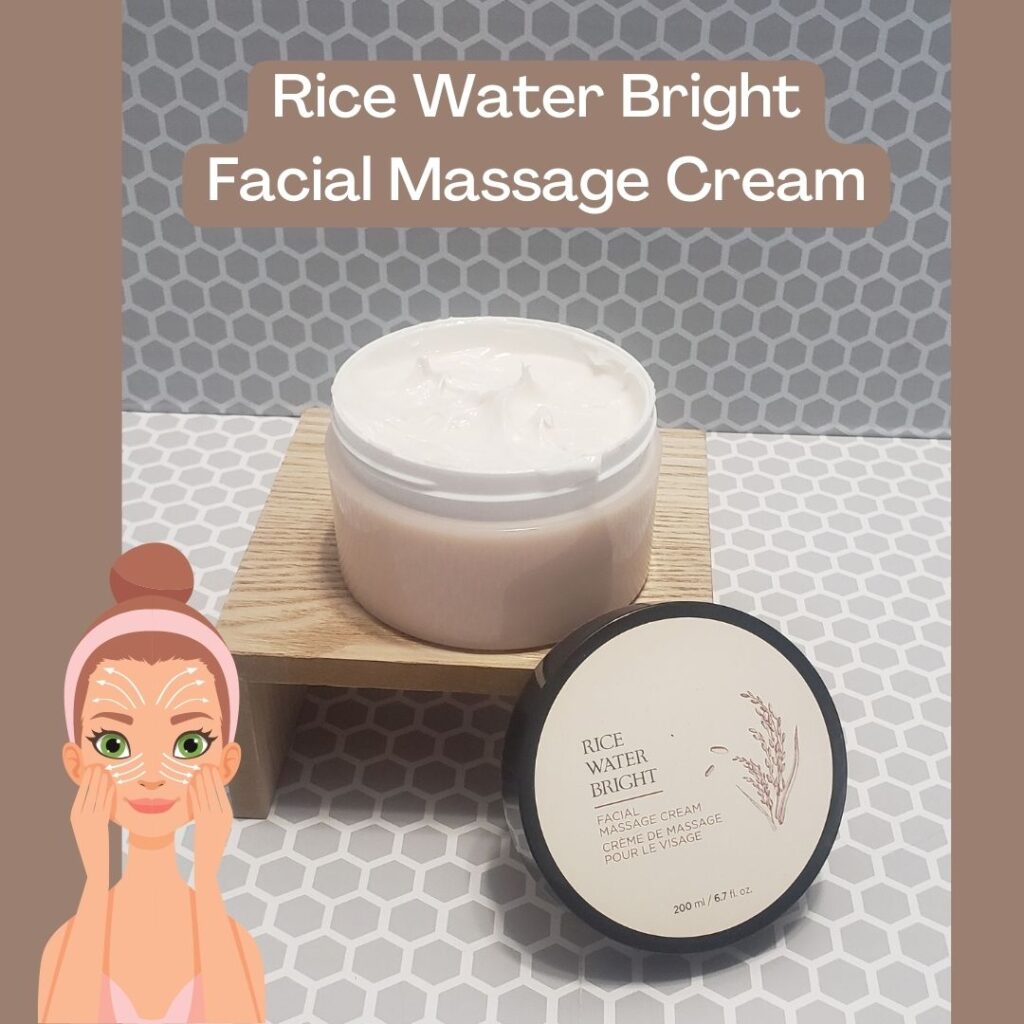 open jar of rice water bright facial massage cream and drawing of a woman with arrows indicating she is massaging her face