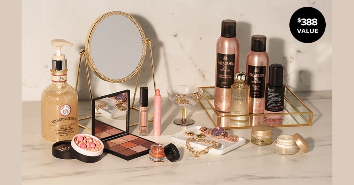 Array of of beauty products on a vanity