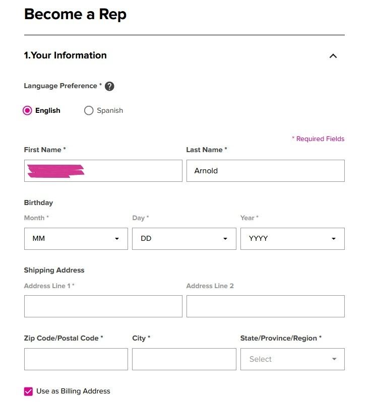 Screenshot showing first part of form to become an Avon Rep