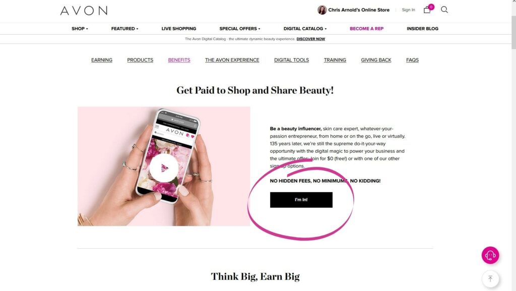 screenshot of Avon become a rep page with "I'm in" circled