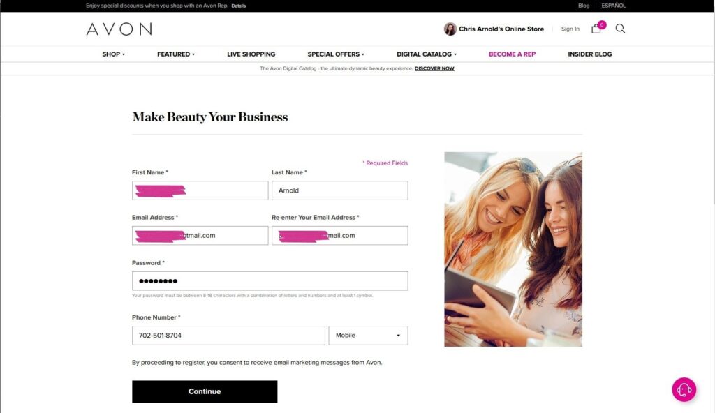 screenshot of Avon website with heading Make Beauty Your Business and form to begin the process of signing up with Avon