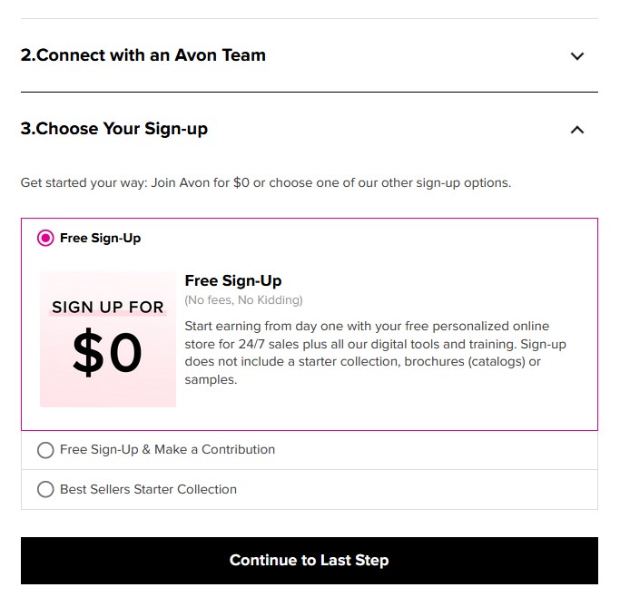 screen showing sign up with Avon for free option