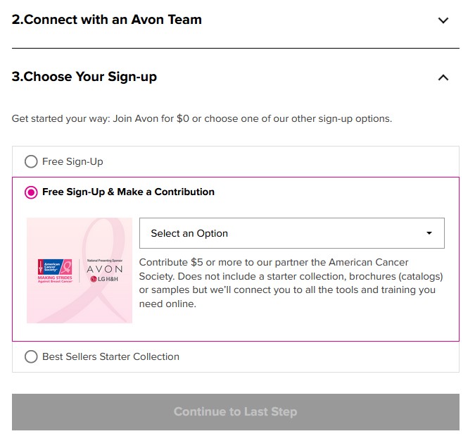 screen showing sign up with Avon by making a contribution option