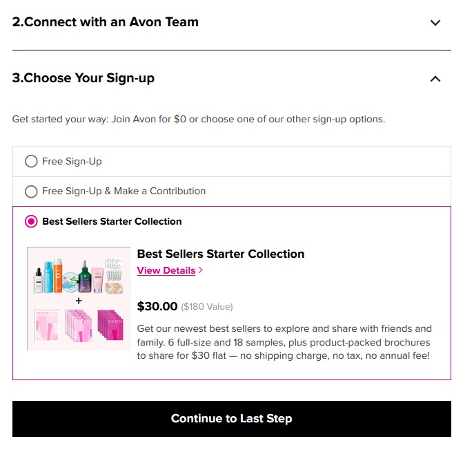 screen showing sign up with Avon with starter kit option