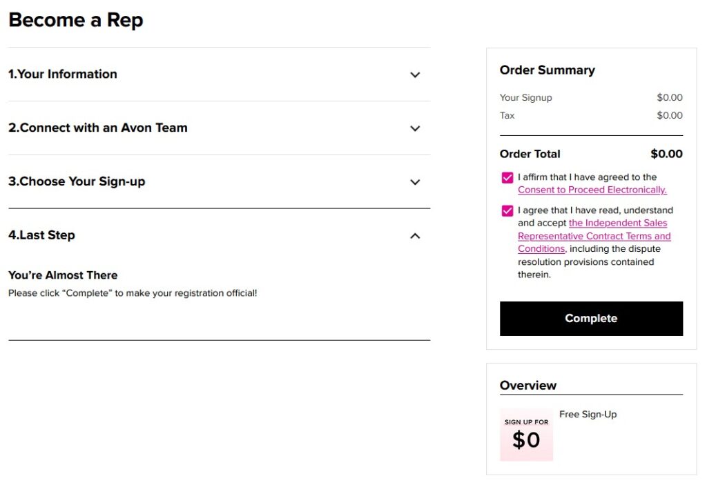 screenshot showing last step to sign up with Avon