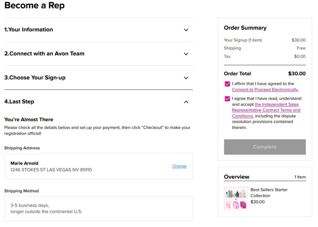 screenshot showing last step to sign up with Avon