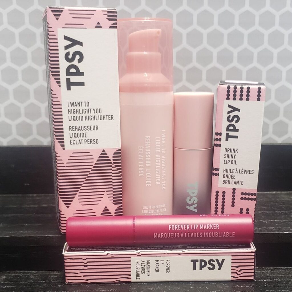TPSY highlighter, lip oil and lip marker with boxes