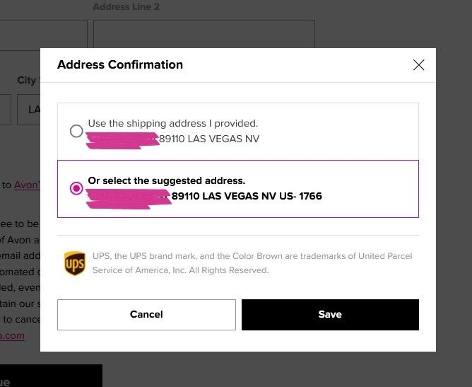 screenshot of address confirmation pop up