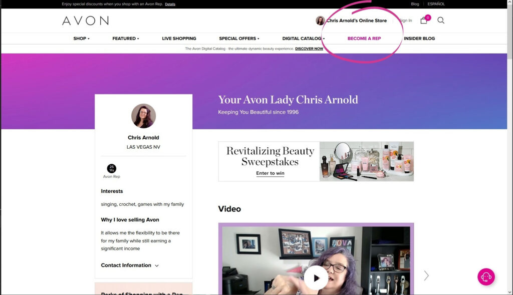 screenshot of Avon website with "become a rep" circled