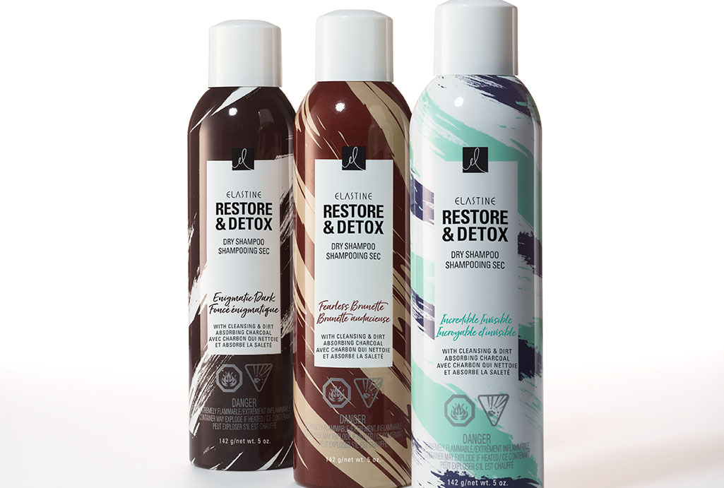 3 Shades of Elastine Restore and Detox Dry Shampoo, Enigmatic Dark, Fearless Brunette and Incredible Invisible