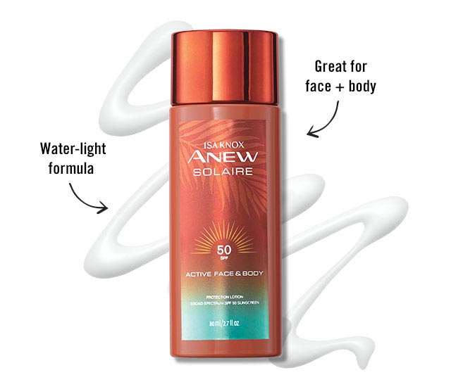 Isa Knox Anew Solaire Active Face & Body Protection Lotion.
Water-light formula
Great for face + bosy