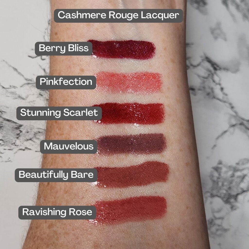 Color swatches of Cashmere Rouge Lacquer on forearm