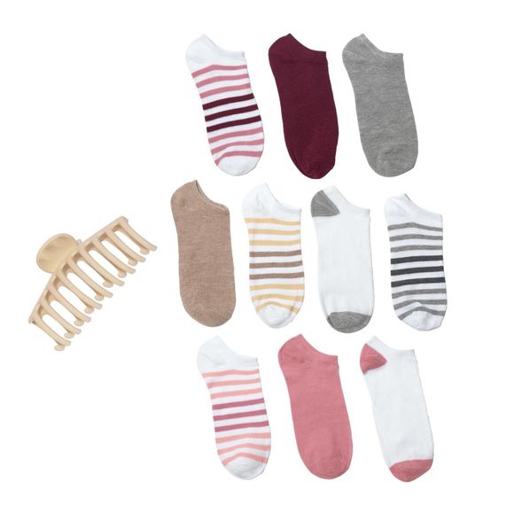 10 Pack Ankle Socks With Hair Clip