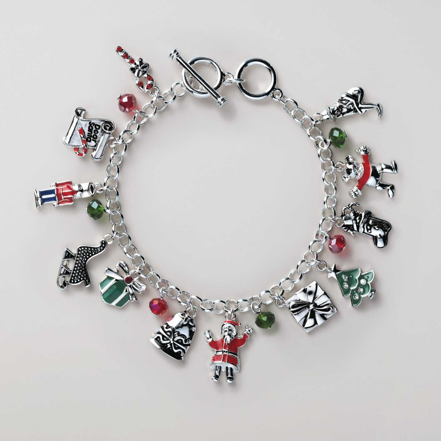 silvertone bracelet with holiday themed charms