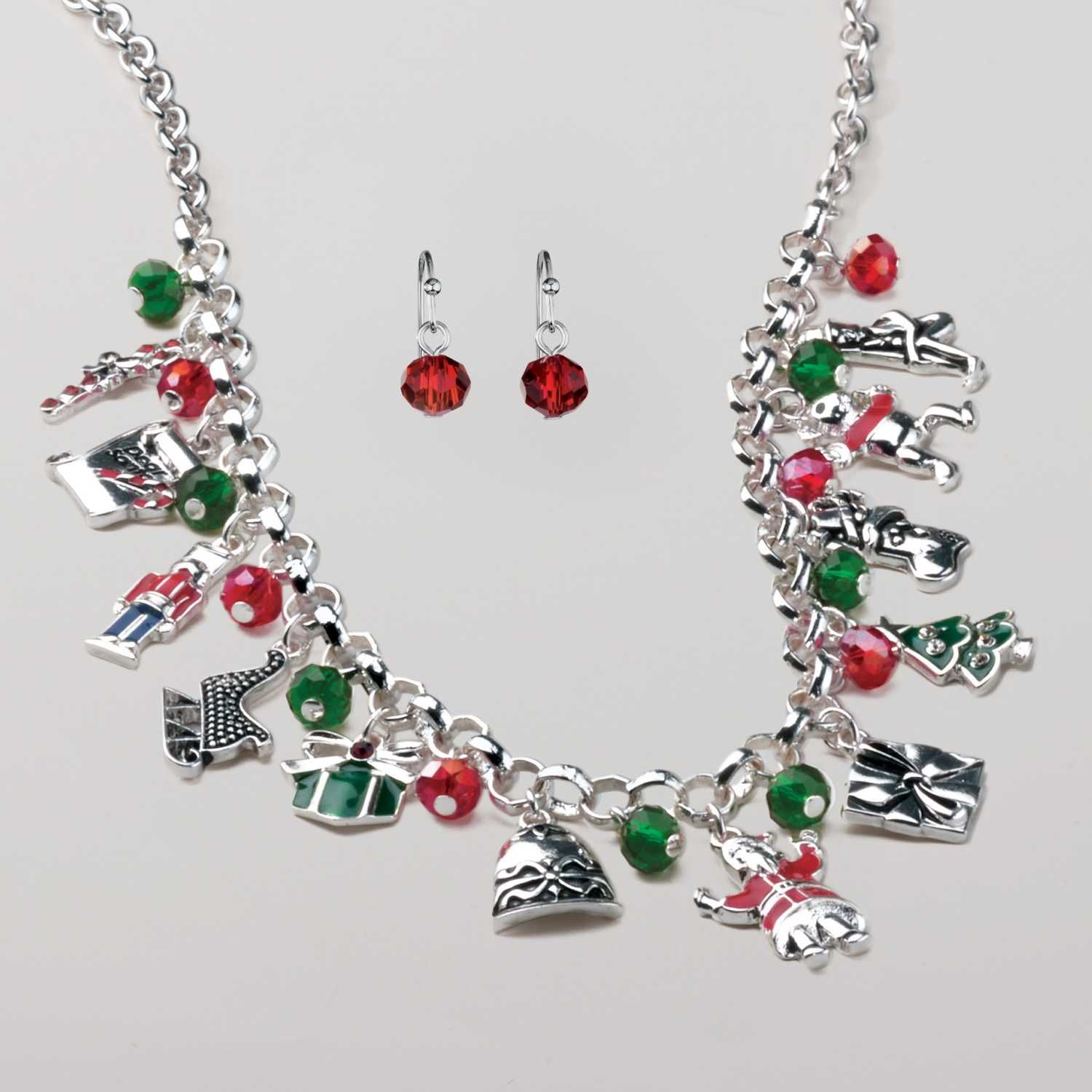 silvertone necklace with holiday themed charms