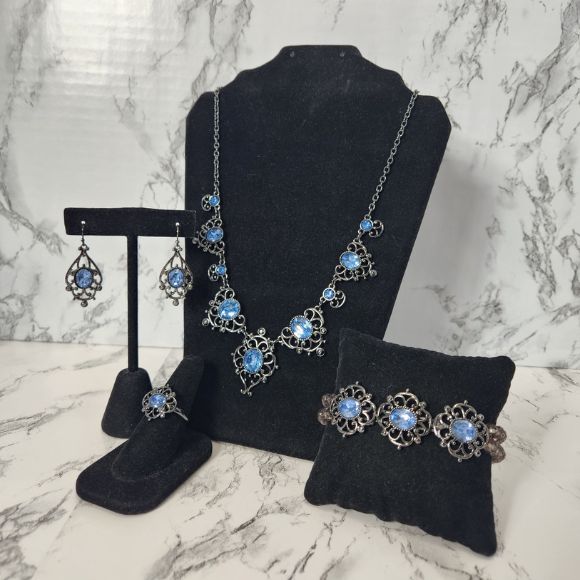 Antiqued Statement Earrings, Ring, Necklace and Bracelet