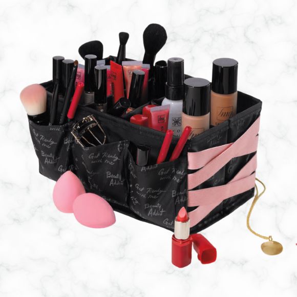 vanity organizer filled with makeup and tools