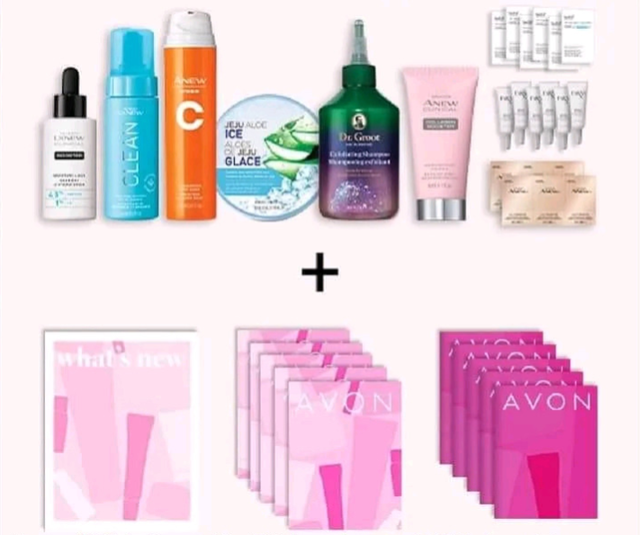 Contents of Avon $30 Starter Kit as of 11/15/22 
pictures of full size products, samples and sales literature