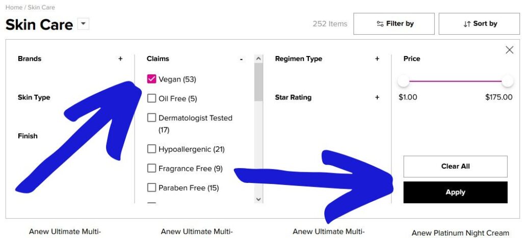 filtering for vegan products on Avon.com