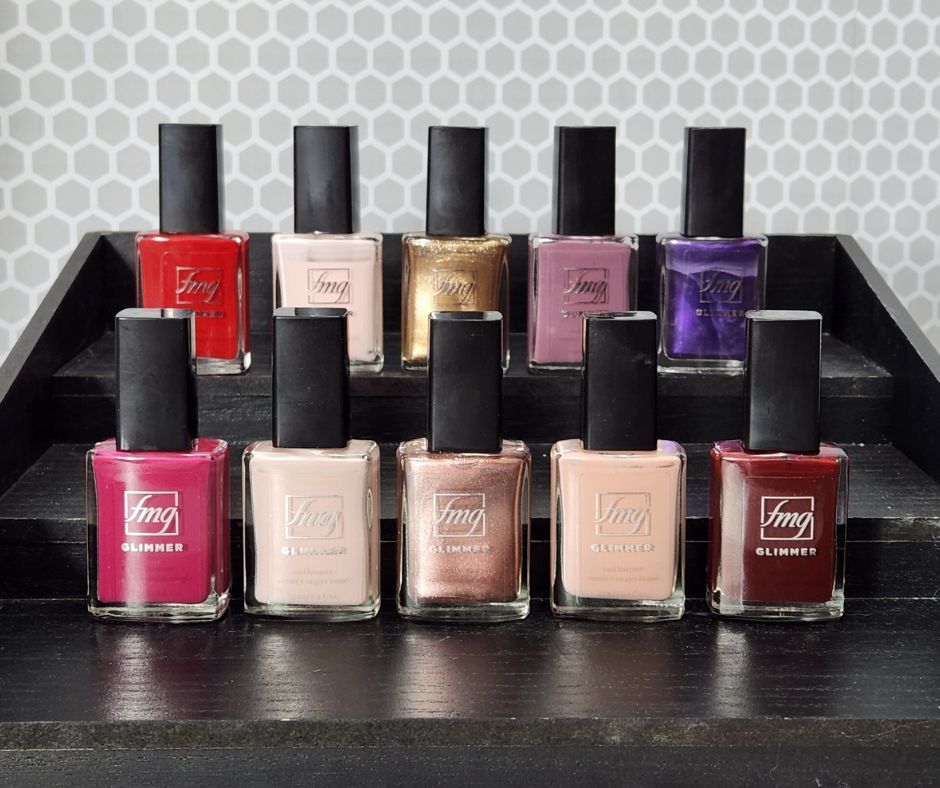 fmg Glimmer Nail Lacquer Shades
BACK ROW: Supernova Red, Full Moon Flush, Golden Galaxy, High Magnitude Mauve, Lost Galaxy Plum   FRONT ROW: Night Sky Berry, Cool Comet, Meteorite Rose, Lunar Tan, Black Hole Burgandy