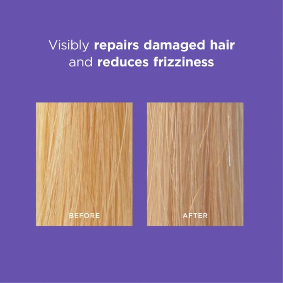 text - Visibly repairs damaged hair and reduces frizziness
images of blonde hair labeled before and after