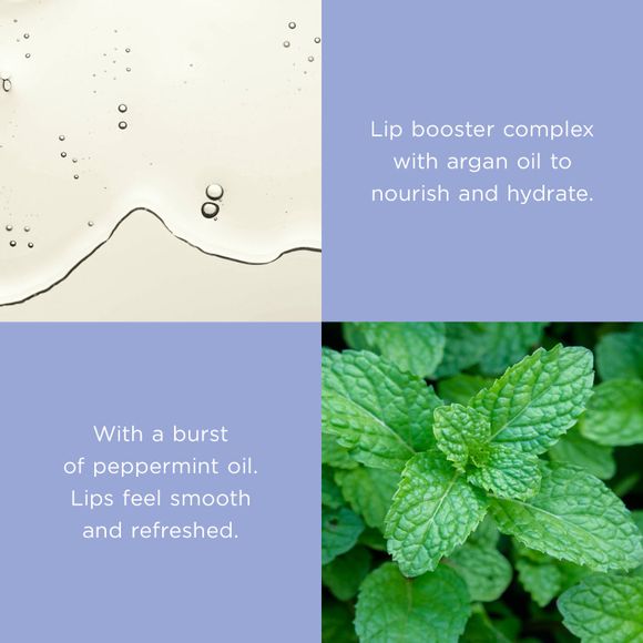 image of liquid and peppermint leaf
text lip booster complex with argan oil to nourish and hydrate
With a burst of peppermint oil. Lips feel smooth and refreshed