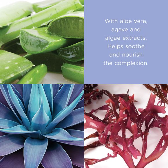 images of aloe vera, agave and algae 
text with aloe vera, agave and algae extracts. Helps soothe and nourish the complexion