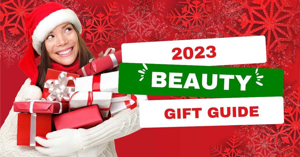 Woman holding festive packages with text 2023 Beauty Gift Guide