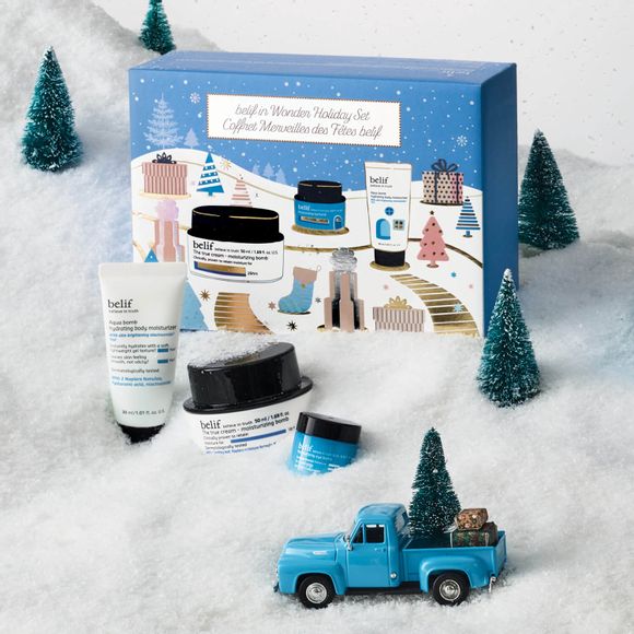 belif in wonder holiday set Celebrate explosive hydration with one full-size fave plus two minis. Includes full size The True Cream Moisturizing Bomb and mini size Aqua Bomb Hydrating Body Moisturizer and Moisturizing Eye Bomb