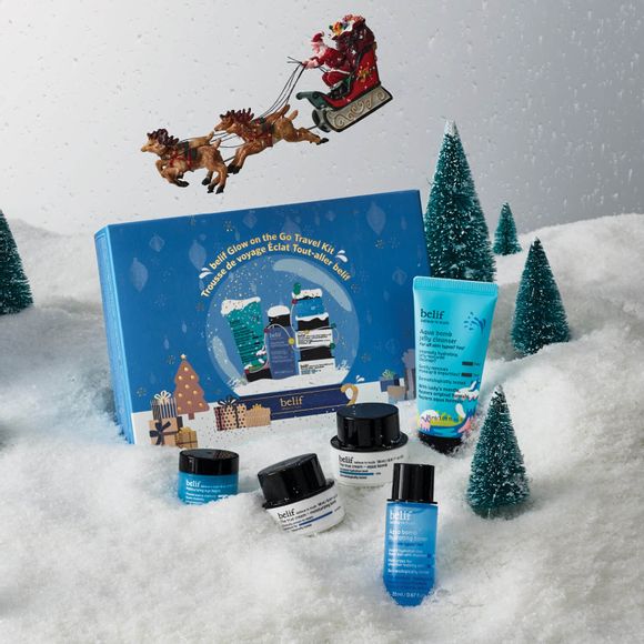 belif glow in the go holiday travel kit Five must-have mini sizes including The True Cream Moisturizing Bomb, The True Cream Aqua Bomb, Moisturizing Eye Bomb, Aqua Bomb Hydrating Toner, Aqua Bomb Jelly Cleanser