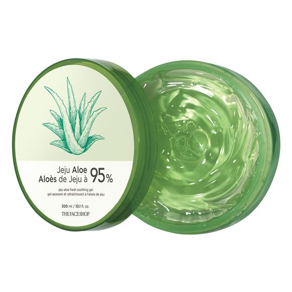 Open jar of aloe gel with label that reads Jeju Aloe 99%
