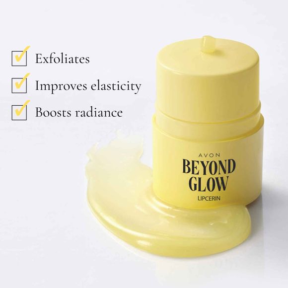 text: exfoliates, improves elasticity, boosts radiance with picture of yellow bottle and gel with the words Beyond Glow