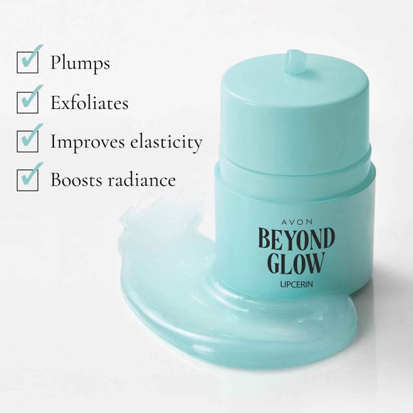 text: plumps, exfoliates, improves elasticity, boosts radiance with picture of light blue bottle and gel with the words Beyond Glow