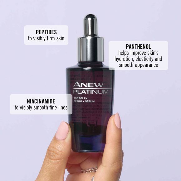 hand holding bottle of Anew Platinum Age Delay Serum
floating boxes with text:
Peptides to visibly firm skin
Panthenol helps improve skin's hydration, elasticity and smooth appearance
Niacinamide to visibly smooth fine lines