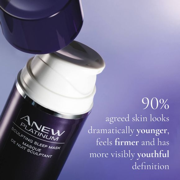 bottle of Anew Platinum Sculpting Sleep Mask with lid off and text
90% agreed skin looks dramatically younger, feels firmer and has more visibly youthful definition