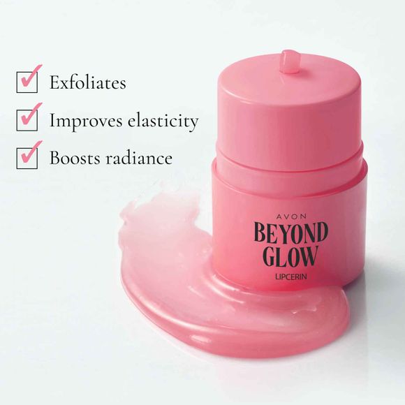 text: exfoliates, improves elasticity, boosts radiance with picture of medium pink bottle and gel with the words Beyond Glow