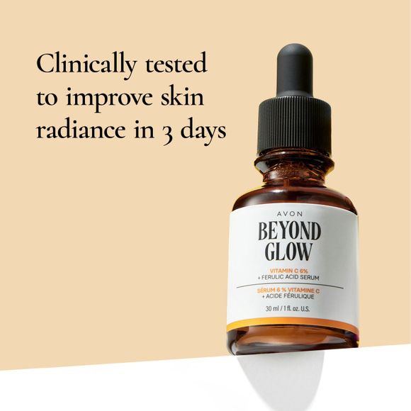 Text reading: Clinically tested to improve skin radiance in 3 days

pictured: bottle of Beyond Glow Vitamin C 6% + Ferulic Acid Serum