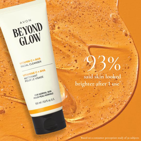 Tube of Beyond Glow Vitamin C +AHA Facial Cleanser on a background showing a puddle of the cleanser and the words 95% said skin looked brighter after 1 use* 
*Based on a consumer perception study of 30 subjects